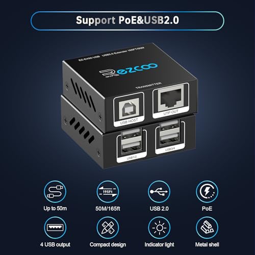 Image of USB Extender 165ft 50m 4-Port USB2.0 HUB by Cat5e Cat6 -Two Webcam Work Sync,Plug & Play for Camera Storage Hard Drive PC Windows,MacOS,Android,1.5m USB Cable, 5V Power U SB Over Ethernet