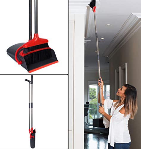 New Improved Thick Bristled Long 62-inch Extendable Broom and Dustpan Set, Easy Setup