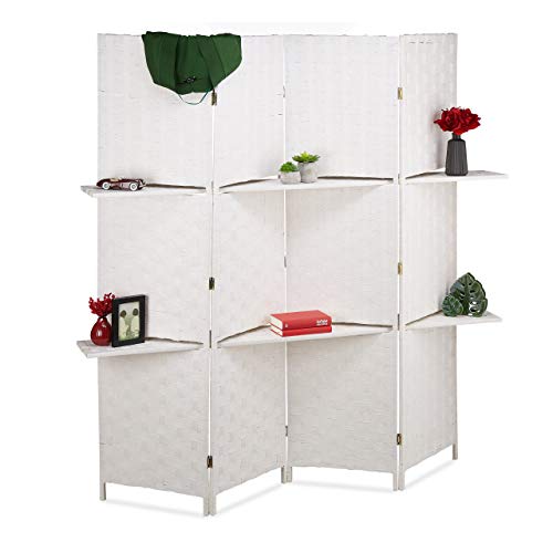 Relaxdays Biombo con estantes, Separador Plegable, Protección de privacidad, 180x170x39 cm, 1 Ud, Blanco, Madera, 180 x 170 x 39 cm