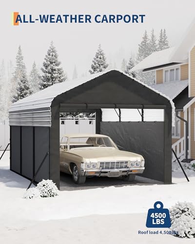 Image of Garvee 10'X15'X9' Metal Carport, Enclosed Car Ports with Heavy Duty Steel Frame and 220 g Tarp, All-Weather Carport, for Sedans, Boats, and Tractors