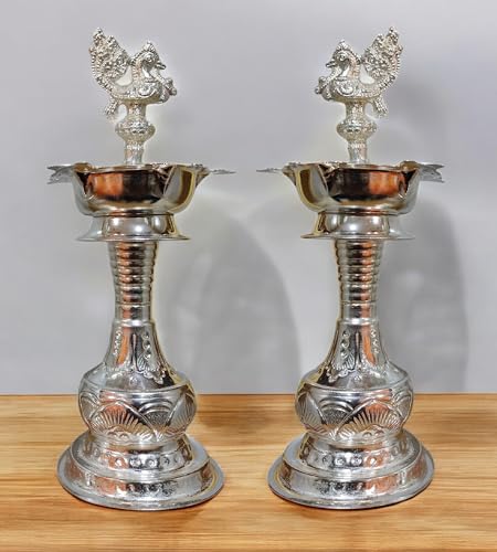 Sigaram German Silver 11 Inch Peacock Handle Ring Design Diya