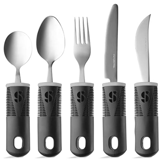 Special Supplies Adaptive Utensils (5-Piece Kitchen Set) Wide, Non-Weighted, Non-Slip Handles for Hand Tremors, Arthritis, Parkinson’s or Elderly Use - Stainless Steel (Black)