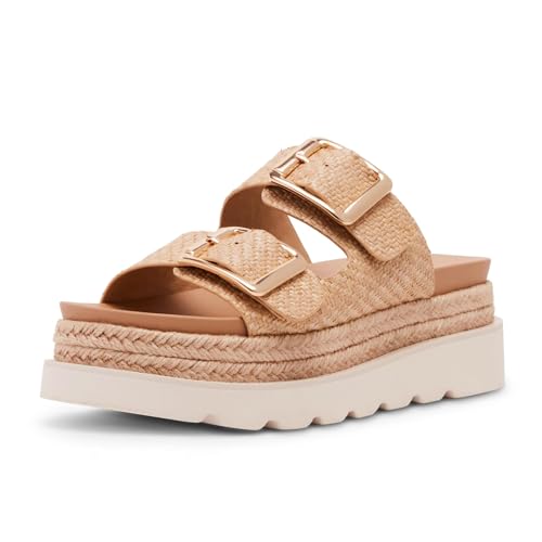 DOEYG Raffia Platform Sandals for Women Woven Flatform Slide Sandals Summer Beach Wedges Comfortable Casual Straw Crochet Espadrille Slides Nude Size 8