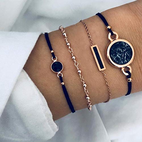 Edary Boho gelaagde zwarte kristallen armband set gouden kraal armbanden edelsteen handsieraden stapelbare handgemaakte handketting voor vrouwen en meisjes (4 stuks)