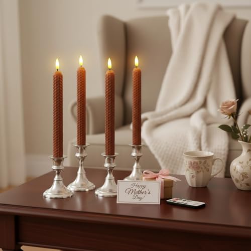Image of Flameless LED Taper Candles with Remote & Timer - 9.5 inch Brown Hand Rolled Beeswax Honeycomb Candlesticks Flickering Battery Operated Window Candles for Wedding Mother's Day Home Decor,4 Pack