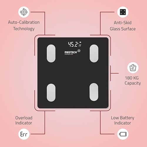 Image of Medtech WS 10 Weight Machine | Digital BMI Weighing Scale | Black | 18 Body Composition | LED Display | Lightweight & Portable Body Fat Analyser with Bluetooth App | 1 Year Warranty