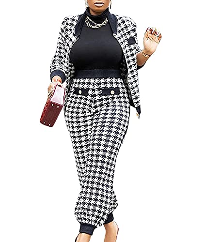 Somthron Women’s Houndstooth Print 2 Piece Outfit Zip Up Long Sleeve Jacket Elastic High Waist Long Pants Set Work Suits Tracksuit Bl-Xl #TOP2