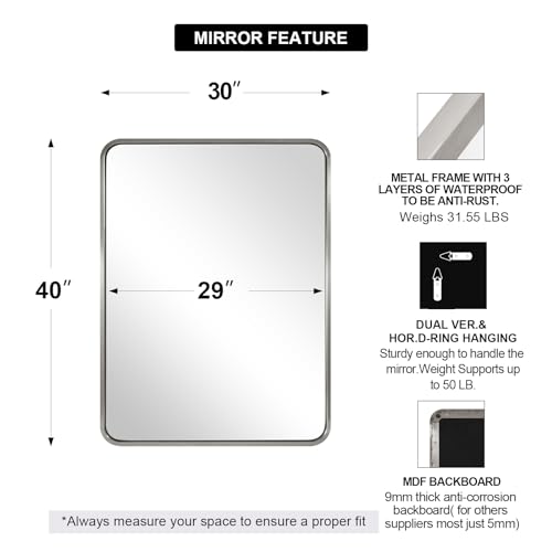 Image of ANDY STAR Brushed Nickel Bathroom Mirror, 40 inchX30 inch Satin Nickel Mirror for Vanity, Rounded Rectangle Mirrors in SUS304 Anti-Rust Tube Metal Frame, Wall Mounted Horizontal /Vertical 1'' Deep