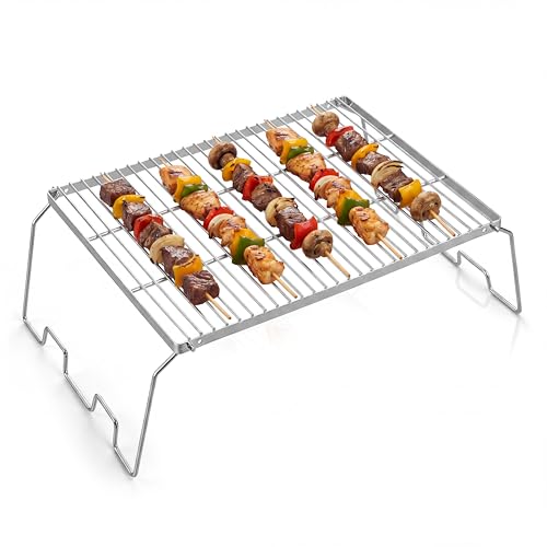 17 Inch Camping Grill Grate for Campfire Grilling, Joyfair Stainless Steel Large Outdoor Open Fire Grates, Heavy Duty Folding Cooking Rack with Adjustable Legs, Foldable & Portable, Dishwasher safe