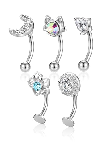 PiercingJak Lot 5pcs Piercing Sourcil à Barre Courbée en Acier Inoxydable pour Femmes 16GA Piercing Labret Smiley Brillant Pavé Zircons Vis Interne Boule Disque Piercings Hélix Tragus Daith Rook