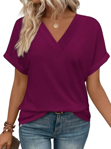 WIHOLL Womens Plus Size Shirts Summer 2026 Trendy Tunic Tops Short Sleeve V Neck Casual Cloth Purple 3XL