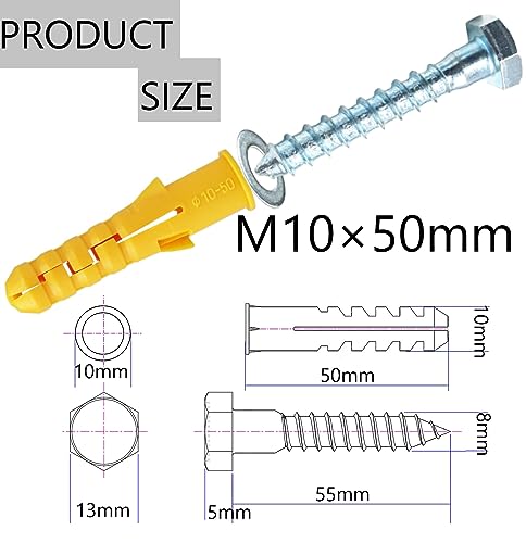 M10x50mm Heavy Duty Masonry Brick Wall Fixing plug + Coach Screw Zinc Plated and Washer,Strong Nylon Wall Plug Steel Bolt KIt for Tv Bracket Aerial Mast Sky Dishes Shelves Mounting (10) - Image 2
