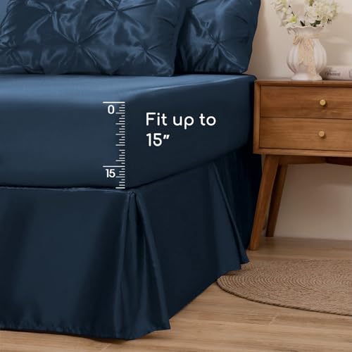 MR&HM Satin Comforter King 7 Pieces - Luxurious Pinch Pleat Bedding Set with Comforter, Flat Sheet, Fitted Sheet, Pillowcases & Shams, Super Silky Soft Bed Set for All Season (King, Mood Indigo)