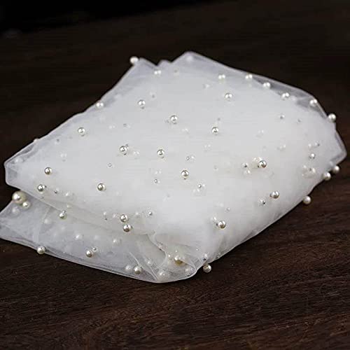 White Table Runner Wedding Veil Beaded Pearl Lace Fabrics Table Decorations Soft Tulle Tablecloth With Big And Small Pearls 120" Length #TOP6