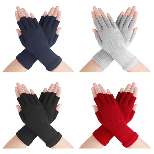 Lusofie 4 Paar Fingerlose Handschuhe Ohne Finger Damen Elastische Winterhandschuhe Lange Handgelenk Ärmel Winter Strick Schreibhandschuhe 4 Farben Halb Fingerhandschuhe...