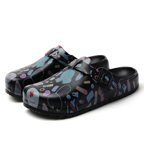 Image of Eliogn Women's Garden Clogs with Print, Waterproof Slip Resistant Work Clogs, Lightweight EVA Slip-On Mules, Cushioned Comfortable Shoes for Nurse, Chef, Kitchen, Beach