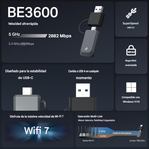 Tarjeta de red WiFi 7 USB TP-Link Archer TBE230U BE3600 con conector Tipo C y A 3.0 4