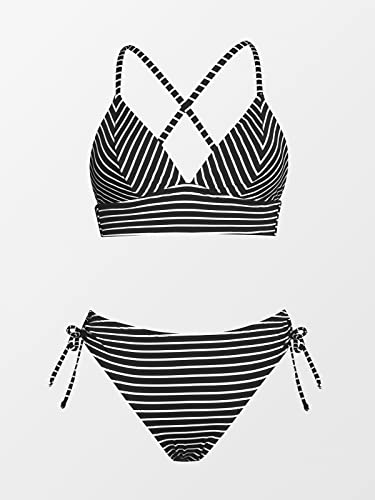 Cupshe Bikini Set For Women Two Piece Swimsuit V Neck Triangle Top Striped Crisscross Back Tie Mid Rise Drawstring M, Black #TOP4