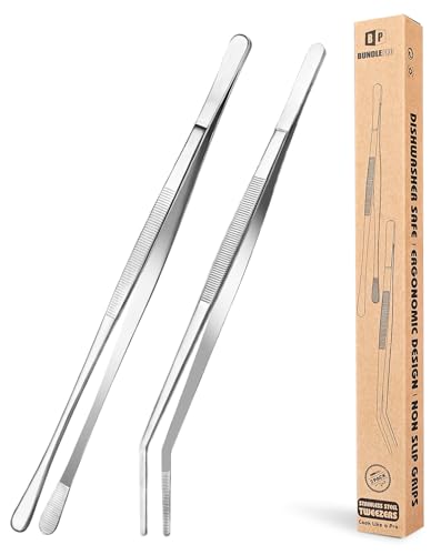 BUNDLEPRO Juego de 2 Pinzas de Cocina Profesionales, Pinzas Finas de Acero Inoxidable para Reparar Comida, Mariscos Y Barbacoa（Plateado）
