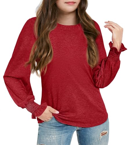 Haloumoning Girls Long Sleeve Shirts Kids Fashion Crew Neck Tunic Tops Blouse 5-14 Years Red