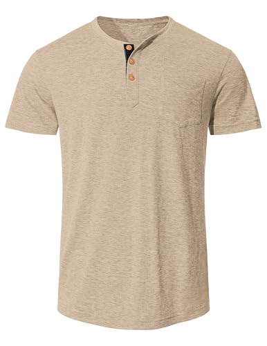 TARAINYA TARAINYA Henley T-Shirts Herren Baumwolle Shirt Kurzarm Einfarbig Basic Tee Männer Sommer mit Tasche Khaki L - Zusatzansicht 4 | TV | Video | Foto