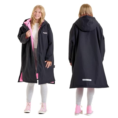 Snuggz Changing Robe Black & Pink Girls Kids M (6-8 Years) - Oversized Dry Changing Robe Showerproof & Wind-Resistant Hooded Surf Poncho Long Sleeve with Two-Way Zip - Outdoor Fleece Jacket