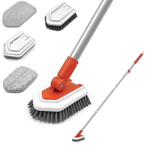 Dolanx Bathroom Tub Tile Shower Scrubber Brush with 51 inches Long Handle, 4 In 1 Upgraded Telescopic Cleaning Brush, 4 Different Attachments Head for Bathtub, Floor, Sink, Wall (Red)
