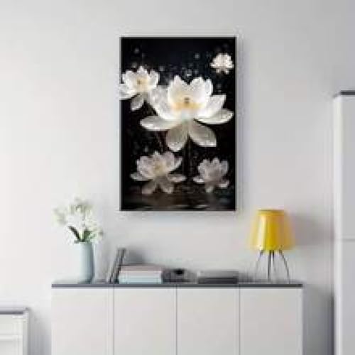Peinture florale blanche grand tableau déco salon chambre à coucher
