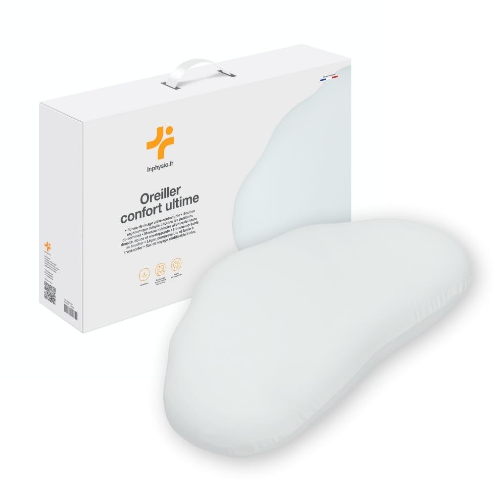 Inphysio - Almohada Confort Ultime - Almohada viscoelástica de Espuma Alemana de Alta Densidad 57 x 35 x 12 cm - Almohada ergonómica y Funda Suave y Transpirable - Alivio para el Cuello y los Hombros