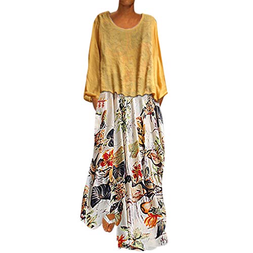 CEFGR Robe Longue Femme Manches 3/4 Patchwork Robe D'été Bouton Col Rond Ourlet Décontracté Robe Grande Taille(Jaune,5XL) Cover