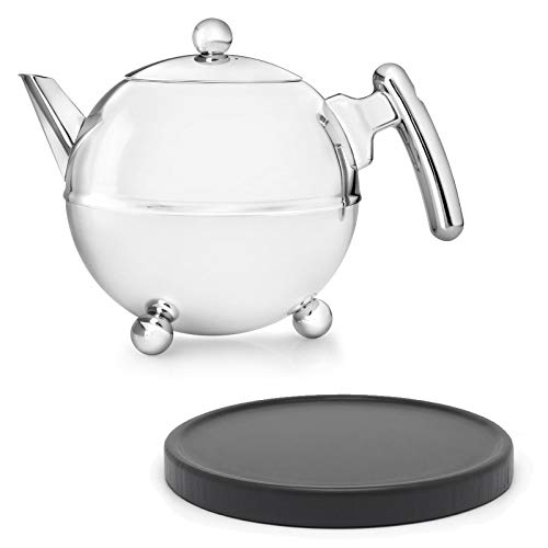Bredemeijer Bella Ronde Edelstahl-Teekannen-Set 1.2 L - Doppelwandige Edelstahlkanne in Kugelform mit Füßen, silber - Mit schwarzem Untersetzer, ohne Siebeinsatz, ideal für Teebeutel & losen Tee