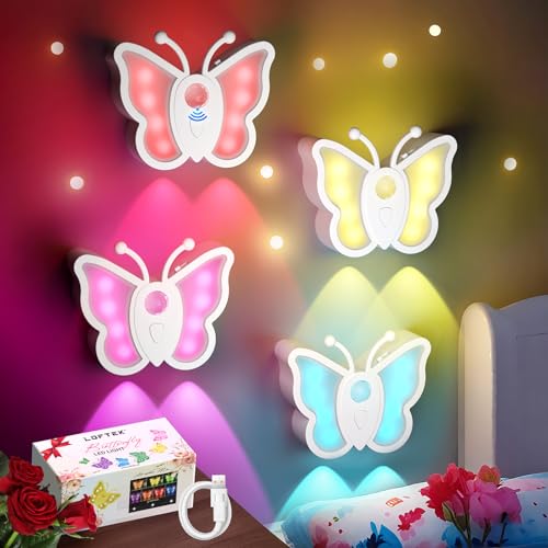Image of LOFTEK Rechargeable Motion Sensor Light, 2 Color Modes, Dimmable RGB Ambient Lighting, Cute Butterfly Light for Kid's Bedroom, Bathroom, Hallway, Tent & Stairs - Ideal Home Decor & Gift, White of 4