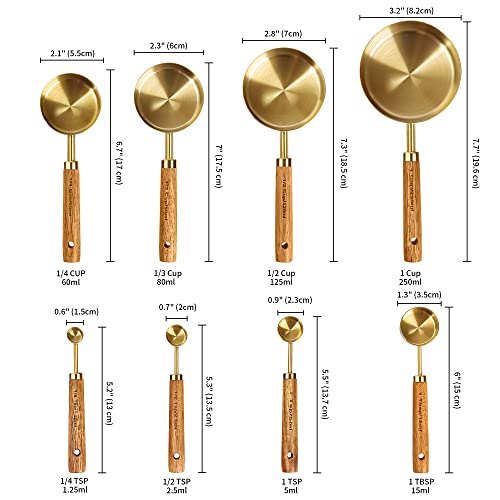 Gudoqi Measuring Cups And Spoons Set Of 8, Wood Handle With Metric And Us Measurements, Premium Stainless Steel, Golden Polished Finish, Dry & Liquid Measuring Cup, For Cooking And Baking #TOP3