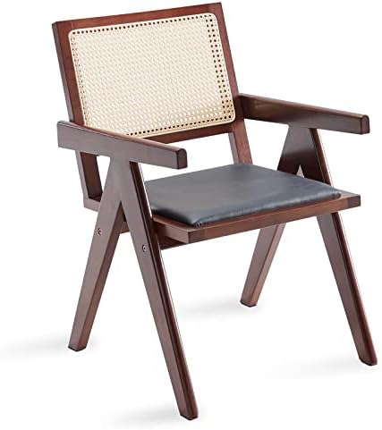 STARY Mid Century Modern Leather Rattan Dining Room Chair, 1 Pcs, Black
