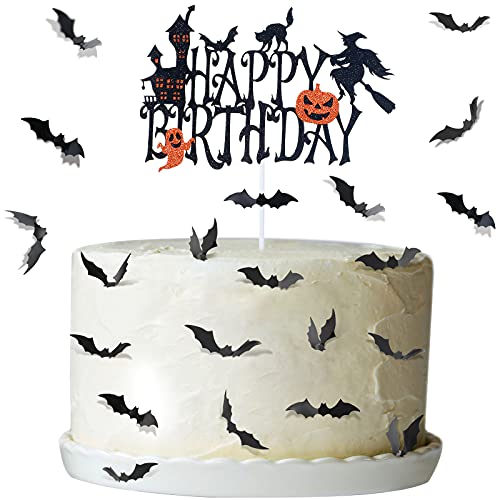 Censen Halloween Happy Birthday Witch Cake Topper with 30 Pcs 3D Bats