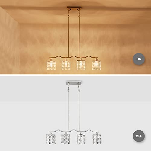 Image of WUZUPS Crystal Chandelier 4-Light Linear Raindrop Pendant Ceiling Light Modern Lighting Fixture for Bedroom Dinning Room Bar Kitchen Island, H8.7'' W4.7'' L30.5, E12 Base, Nickel
