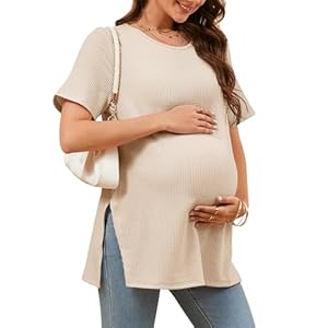 Tankaneo Womens Maternity T Shirts Summer Ribbed Short Sleeve Tunic Tops Textured Side Split Tee Pregnancy Clothes