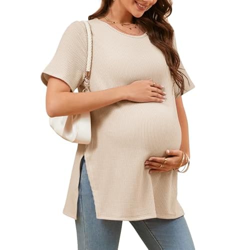 Tankaneo Womens Maternity T Shirts Summer Ribbed Short Sleeve Tunic Tops Textured Side Split Tee Pregnancy Clothes