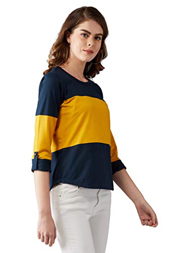 Image of Miss Chase Women's Navy Blue and Mustard 100% Cotton T-Shirt