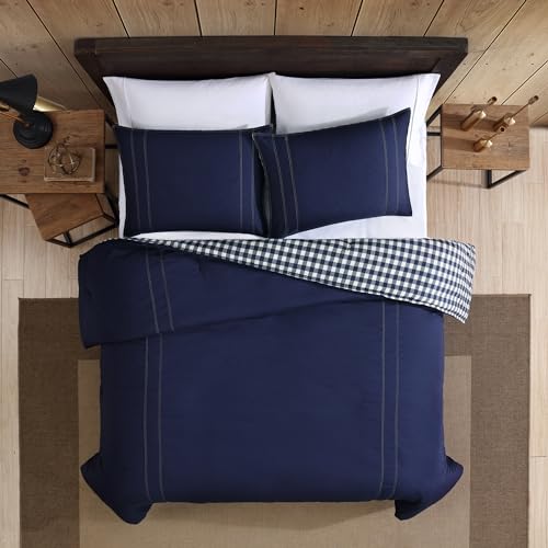 Image of Eddie Bauer - Twin Comforter Set with Sham, Cotton Reversible Bedding, Medium Weight All-Season, Dorm Room Essentials, Kingston Navy