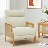 Vinahomar Linen Accent Chair, Upholstered Armchair with Rattan Armrest, Beige Arm Chair with Ash Wood Legs for Living Room