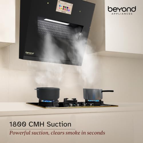 Image of Beyond Appliances Eris 60cm BLDC Kitchen Chimney | 1800 CMH Suction | Auto Clean | Filterless | Smart Touchscreen Display | Touch Control | Slant | Black