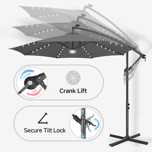 Image of Solar Offset Patio Umbrella - 10 FT Solar Cantilever Umbrella Outdoor with 40 LED Lights and Cross Base, UV Protection for Garden, Deck, Backyard, Pool, Porch, Anthracite