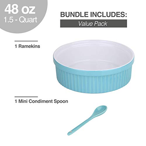 Souffle Dish Ramekins for Baking – 48 Oz, 1.5 Quart Large Ceramic Oven Safe Round Fluted Bowl with Mini Condiment Spoon for Soufflé Pot Pie Casserole Pasta Roasted Vegetables Desserts (Aqua/Green) - Thumbnail 5