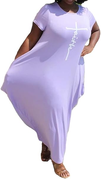 Womens Faith Dress, Oversize Casual Faith T-Shirt Dress Irregular Hem Splicing Long Dress with Pocket