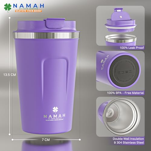 Image of Namah Insulated Coffee Mug Travel with Lid 380ML Stainless Steel Coffee Tumbler Cup for Office & Home, Leak Resistant Matte Finish Hot & Cold Travel Coffee Mug for Men & Women Gift (Violet Vibe)