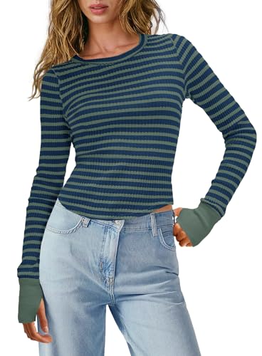 Nirovien Womens Long Sleeve Striped Shirt Crewneck...