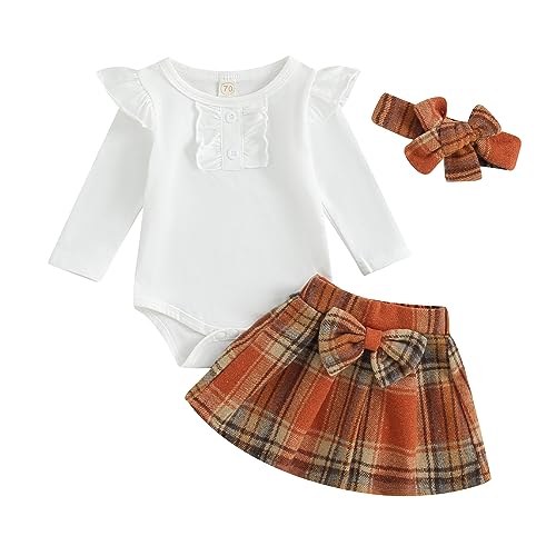 Kuriozud Cute Newborn Baby Girl Fall Winter Outfit Long Sleeve Ruffe Romper Palid Bow Skirt Set Headband 3Pcs Clothes For Toddler Plaid Skirt & White 0-3 Months cover