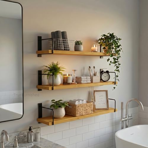 Image of Wall Mounted Bathroom Shelves Set of 3, White Rustic Wood Floating Shelves with Metal Brackets, Storage Rack for Toiletries Organizer Kitchen Living Room AustralianPine (NOT MDF) 23.5 inch