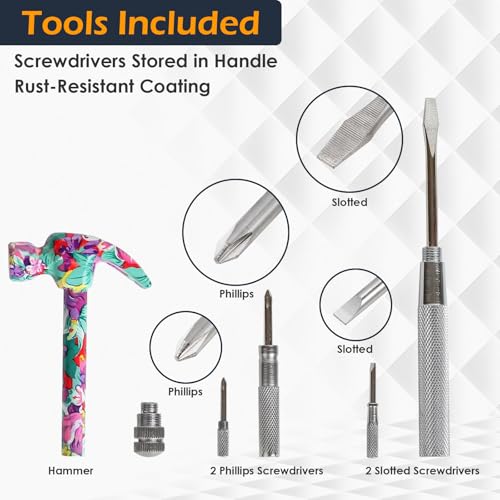 Home-x 6 In 1 Floral Hammer And Screwdriver Tool, New, .